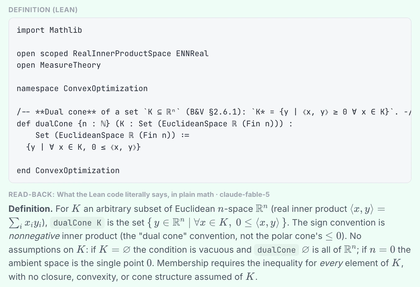 A proposal item: the Lean definition above, and below it the read-back describing in plain mathematics what that code states.